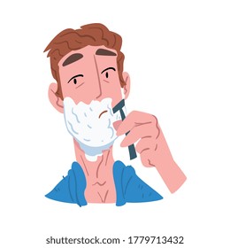 Man Shaving his Face with Foam, People Activity Daily Routine Cartoon Style Vector Illustration on White Background