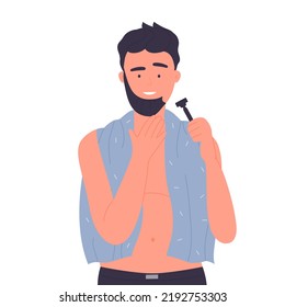 Man Shaving His Face. Men Morning Routine, Face Care Procedures Vector Illustration