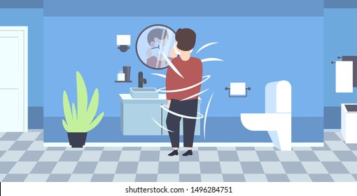 Man Shaving His Face Rear View Guy Looking At Mirror Modern Home Bathroom Interior Flat Full Length Horizontal