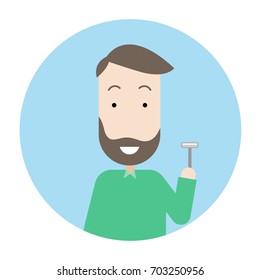 Man shaving his face. Vector flat design illustration in the circle isolated on background