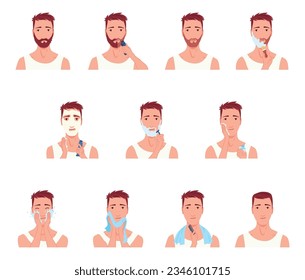 Man shaving. Male character grooming, does personal skincare routine. Cleansed and treated his face with various actions. Flat vector illustration set isolated on white background