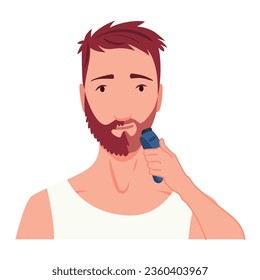 Hombre afeitándose. La preparación de personajes masculinos, hace rutina de cuidado de la piel personal. Limpió y trató su acción en la cara. Ilustración vectorial plana aislada en fondo blanco