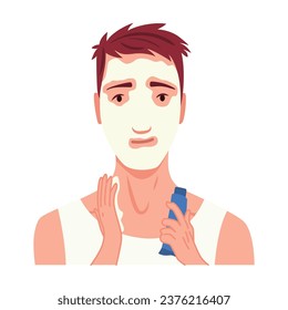 Hombre afeitándose. La preparación de personajes masculinos, hace rutina de cuidado de la piel personal. Limpió y trató su acción en la cara. Ilustración vectorial plana aislada en fondo blanco