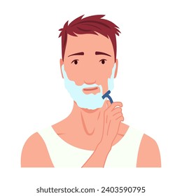 Hombre afeitándose. La preparación de personajes masculinos, hace rutina de cuidado de la piel personal. Limpió y trató su acción en la cara. Ilustración vectorial plana aislada en fondo blanco