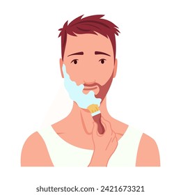 Hombre afeitándose. La preparación de personajes masculinos, hace rutina de cuidado de la piel personal. Limpió y trató su acción en la cara. Ilustración vectorial plana aislada en fondo blanco