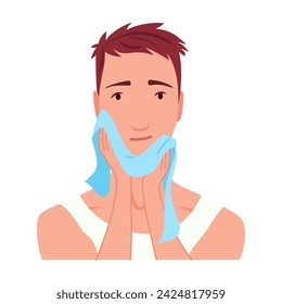 Hombre afeitándose. Cuidado de carácter masculino, hace rutina de cuidado personal de la piel. Limpió y trató su cara de acción. Ilustración vectorial plana aislada sobre fondo blanco