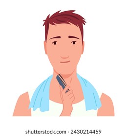 Hombre afeitándose. Cuidado de carácter masculino, hace rutina de cuidado personal de la piel. Limpió y trató su cara de acción. Ilustración vectorial plana aislada sobre fondo blanco