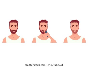 Hombre afeitándose. Cuidado de carácter masculino, hace rutina de cuidado personal de la piel. Limpió y trató su rostro con varias acciones. Conjunto de ilustración vectorial plana aislado sobre fondo blanco