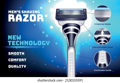 Man shaving poster with realistic razor blade on blue background vector illustration