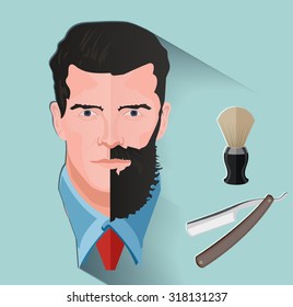 man shaving, razor and shaving brush