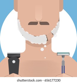 Man shaving with shaver and razor, Vector Illustration