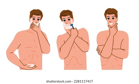 man shaving vector. face male, young care, bathroom cream, mirror beauty, skin body man shaving character. people flat cartoon illustration