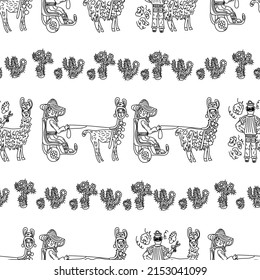 A Man Shears A Llama. A Girl Rides A Llama. Lots Of Cacti. Funny Seamless Pattern. Black And White
