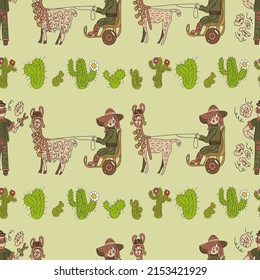 A Man Shears A Llama. A Girl Rides A Llama. Lots Of Cacti. Funny Seamless Pattern. 