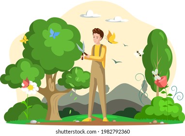 Man shears plants with scissors stands. Professional garden worker working with tree in backyard. Gardening, planting topiary plants and hedges design. Agriculture, gardening and farming