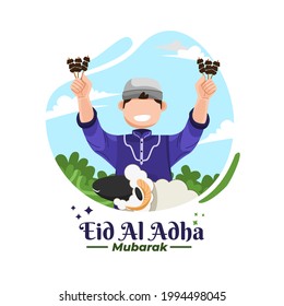 Hombre y oveja celebran Eid Al Adha