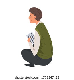 Man with Sheet of Paper Sitting on the Floor, Man Chatting via the Internet or Talking Face to Face, E-learning, Online Exam Concept Vector Illustration