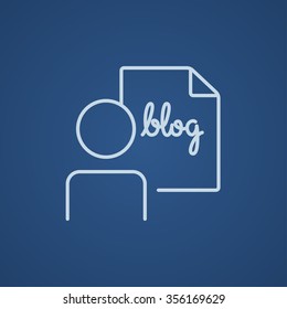 Man and sheet with word blog line icon for web, mobile and infographics. Vector light blue icon isolated on blue background.