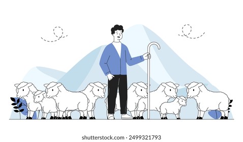 Man shepherd concept. Young guy with stick stands in meadow with sheep. Farmer feeding livestock. Farming and agriculture. Linear vector illustration isolated on white background