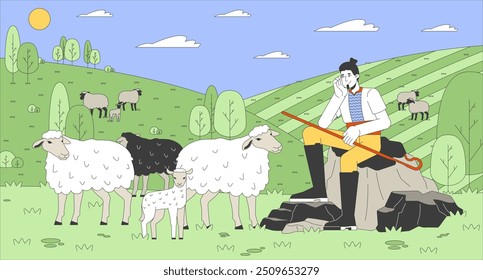 Man shepherd with herd on pasture flat illustration. Caucasian male grazing sheep in green valley 2D character cartoon background. Farmer taking care of animals scene vector storytelling image