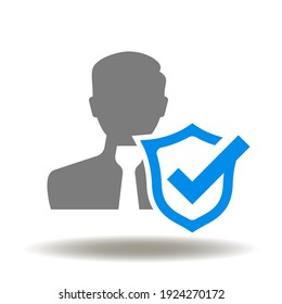 Man and shield with check mark vector icon. CCO Chief Compliance Officer Symbol. DPO GDPR Logo.