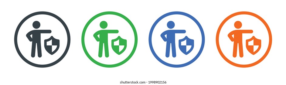 Man with shield covering from attacks. Protection, insurance concept. Vector illustration