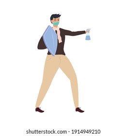 man with shield and disinfectant bottle fighting with covid19 character vector illustration design