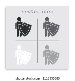 Man shield flat black and white vector icon. Insurance illustration.