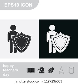 Man shield flat black and white vector icon. Insurance illustration.