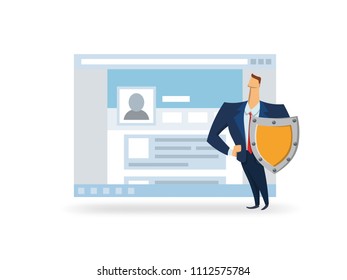 Man with the shield in front of open browser window. GDPR officer protecting data. GDPR, AVG, DSGVO, DPO, CCPA. Flat vector illustration. Isolated on white background.
