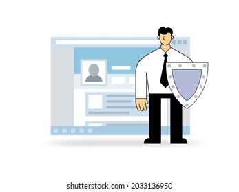Man with the shield in front of open browser window. GDPR officer protecting data. GDPR, AVG, DSGVO, DPO. Flat illustration. Isolated on white background.