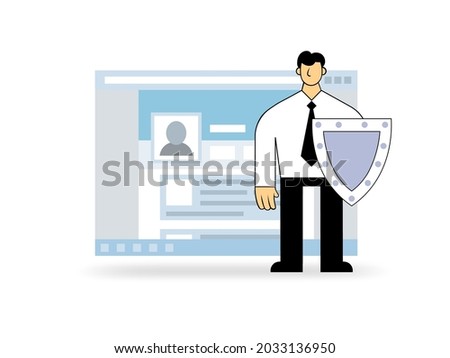Man with the shield in front of open browser window. GDPR officer protecting data. GDPR, AVG, DSGVO, DPO. Flat illustration. Isolated on white background.