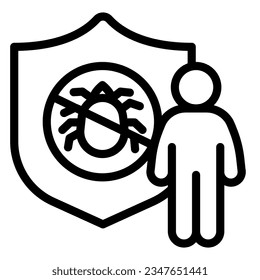 Man with shield and insect line icon, pest control concept, insect control and extermination service sign on white background, No prohibition emblem in outline style. Vector.