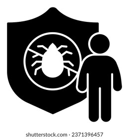 Man with shield and insect solid icon, pest control concept, insect control and extermination service sign on white background, No pesticides prohibition emblem icon in glyph style. Vector