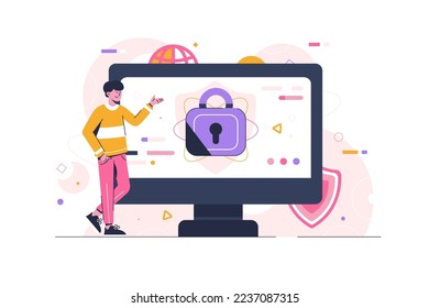 A man with shield and lock on the screen. Anti virus software, anti-malware, spyware, trojan, adware as internet security concept. Security concept vector modern flat illustration