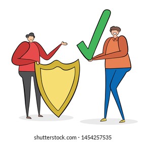 Man with shield and other man holding check mark, hand-drawn vector illustration. Black outlines and colore.
