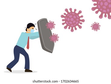Man with a shield protecting against coronavirus. Concept of epidemic or pandemic. Vector illustration