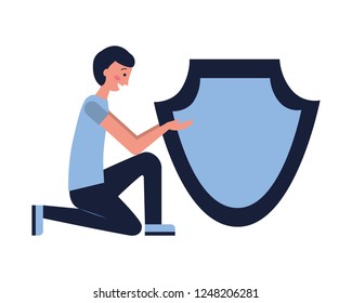 man with shield protection white background