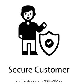Man with shield showing glyph icon of secure customer 