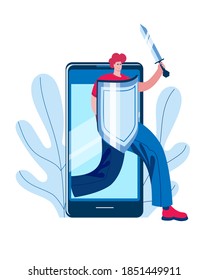 A man with a shield and a sword comes out of the smarphone. Concept of a vector illustration on the topic of cybersecurity and personal data protection.
