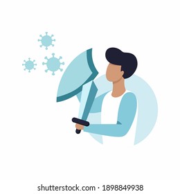 A man with a shield and a sword fights viruses. Vector illustration on the topic of Internet security. Protection of information from hacker attacks. Antivirus and system firewall.