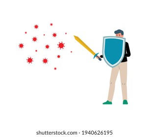 Man with shield and sword fights with viruses flat vector illustration isolated.