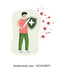 Man with shield and sword reflecting virus attack, cartoon vector illustration isolated on white background. Strong immune system and antiviral defense metaphor.