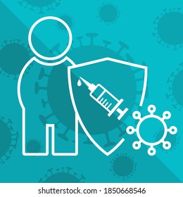 man, shield, syringe with vaccine and virus