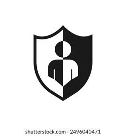 Mann mit Schild, Benutzerschutzsymbol, flacher Stil, einzeln auf weißem Hintergrund. Vektorgrafik