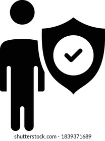  Man with shield vector Glyph icon design, Worker protection sign, Employee Insurance Policy Concept, hrm symbol on white background,