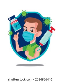 Man in shield wearing surgical mask showing vaccinated arm and thumb up hand sign. Syringe with needle and vaccine bottle floating around. Vaccination prevent against coronavirus COVID19