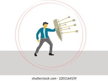 Man shielding from attack. Concept vector illustration. Cartoon man character protecting from attack, holding shield to be safe.