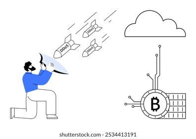 Homem protege contra mísseis DDoS, uma nuvem e símbolo digital Bitcoin. Ideal para segurança cibernética, moeda digital, computação em nuvem, ameaças on-line e temas de proteção de dados. Minimalista