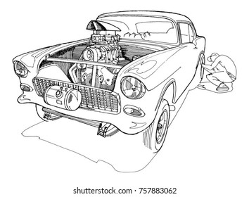 Man shifting tires on modified classic car in the style of a Gasser, dragster, transparent vector file made from hand drawn ink drawing.